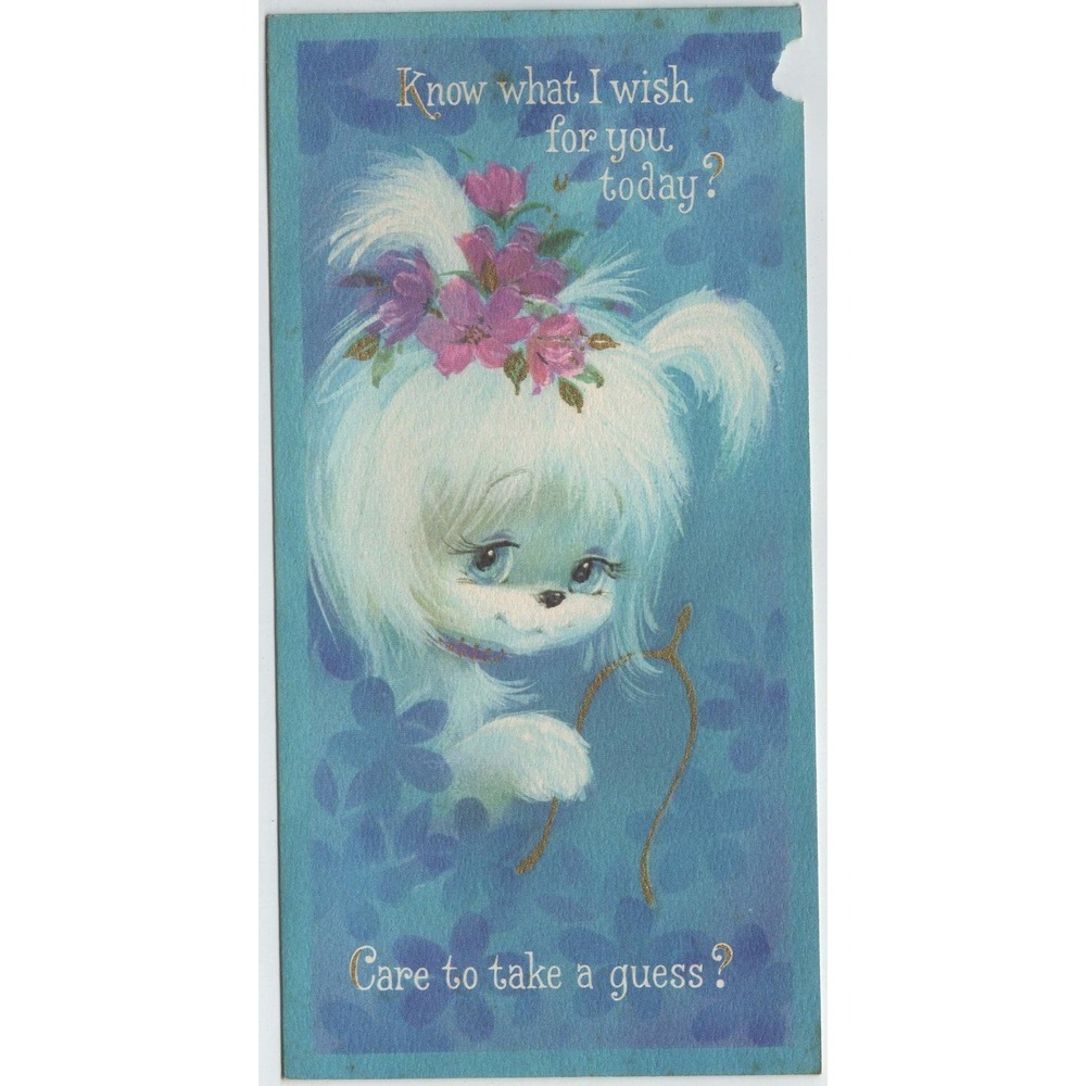 Vintage 1960s-70s Birthday Greeting Card White Dog Flowers Wishbone Blue